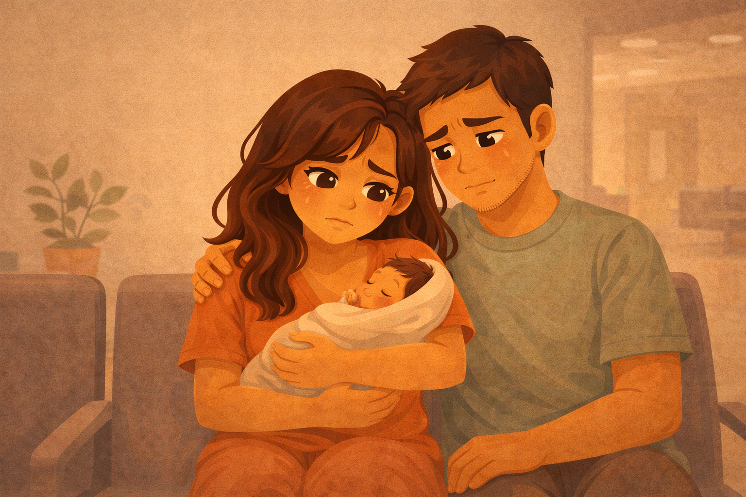 Mamá y papá en sala de espera del hospital de noche, mamá sosteniendo a su recién nacida