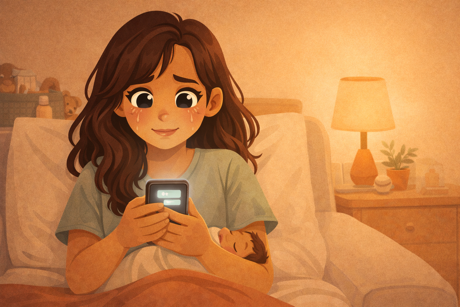 Mujer joven en la cama de noche mirando su teléfono con una interfaz de chat iluminada