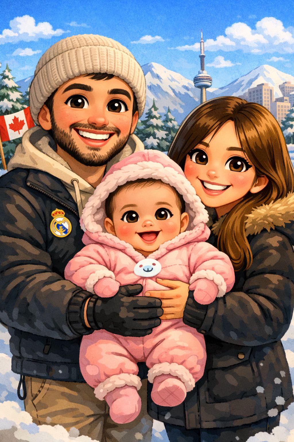 Nuestra familia colombiana en Canadá: papá, mamá y Baby I. en su primer invierno canadiense